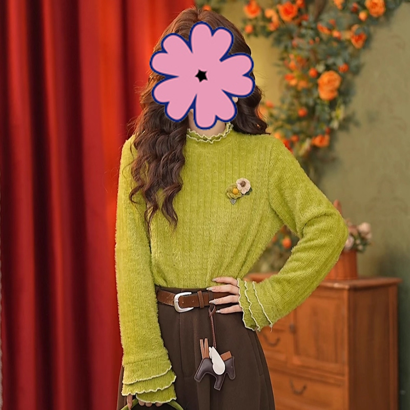 复古港风花朵绿色长袖针织衫上衣