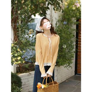 温敏er蕾丝拼接黄色针织开衫外套女早春季韩系宽松设计感长袖上衣