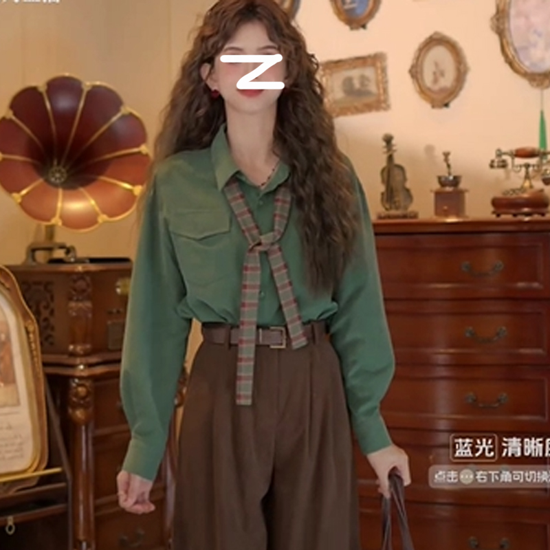 港风复古纯色长袖衬衫女秋季上衣
