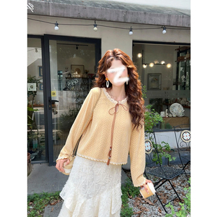 温敏er港风复古宽松显瘦设计感花边拼接麻花毛衣针织衫上衣女秋冬