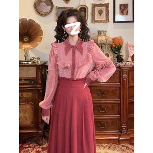 一生罗曼复古港风撞色长袖衬衫女秋冬加绒加厚宽松荷叶边气质上衣