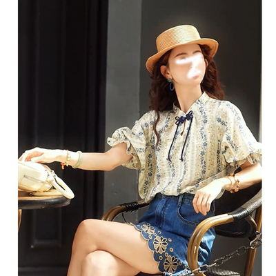 复古港风短袖衬衫女夏季宽松显瘦