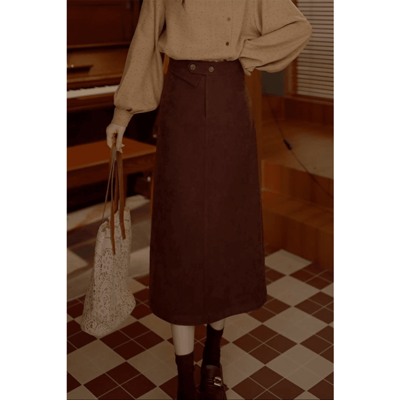 中长款A字裙复古休闲纯色半身裙