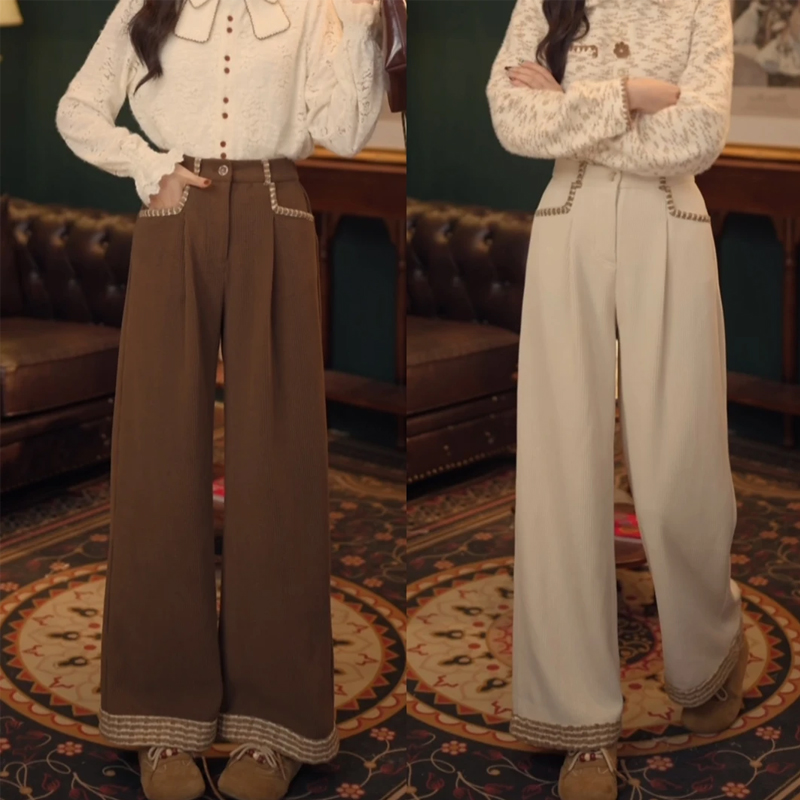 复古港风休闲阔腿裤女秋冬松紧腰