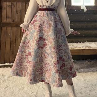一生罗曼法式复古提花A字半身裙女秋冬季高腰显瘦大摆气质长裙子