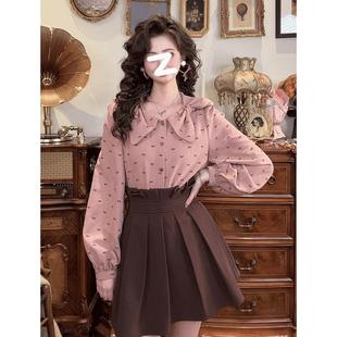 一生罗曼复古港风蝴蝶结印花长袖衬衫女装秋季别致设计感甜美上衣
