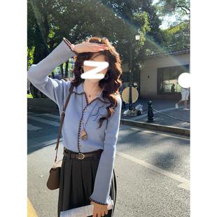 温敏er复古撞色小香风毛衣针织开衫女秋冬韩系慵懒设计感长袖上衣