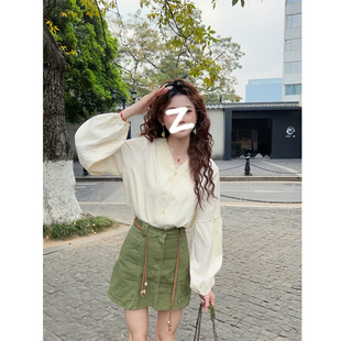 温敏er复古港风蕾丝提花长袖衬衫女春秋季宽松显瘦设计感气质上衣