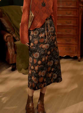 扣子家港风复古碎花半身裙女秋季高腰显瘦中长款气质百搭开叉裙子