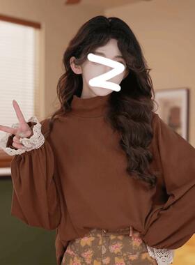 荔枝Lizhi复古港风高领长袖T恤女早秋季宽松拼接花边针织打底上衣