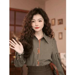 岑岑港味复古条纹长袖衬衫女早秋季宽松显瘦设计感气质上衣打底衫