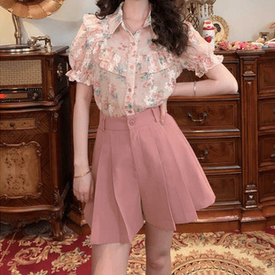 一生罗曼复古法式肌理感甜美荷叶边短袖衬衫女夏季碎花设计感上衣