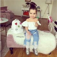 19 mùa xuân và mùa hè mới Quần áo trẻ em châu Âu và Mỹ bé gái quần jeans lỗ + áo ống + dây buộc tóc ba mảnh - Phù hợp với trẻ em bodysuit cho bé sơ sinh