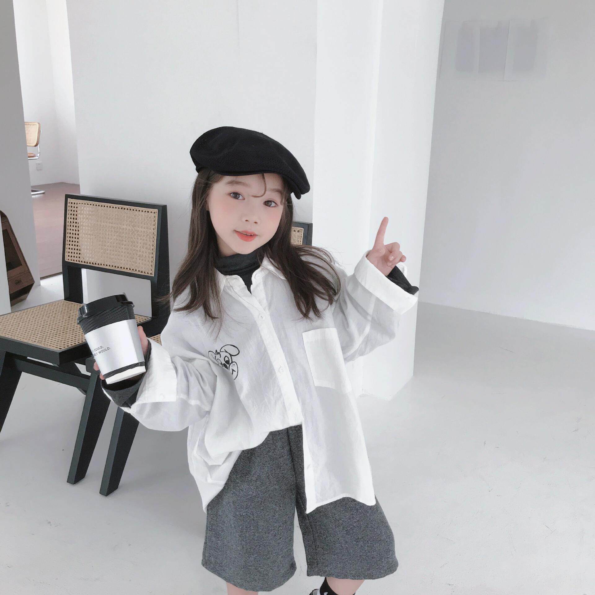 清仓不退换男女童秋季中长款卡通印花宽松休闲衬衫毛呢直筒七分裤