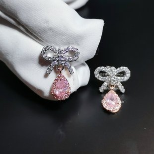18K金粉色水滴蝴蝶结高碳钻石耳钉女 仿真黄钻耳环S925银针防过敏