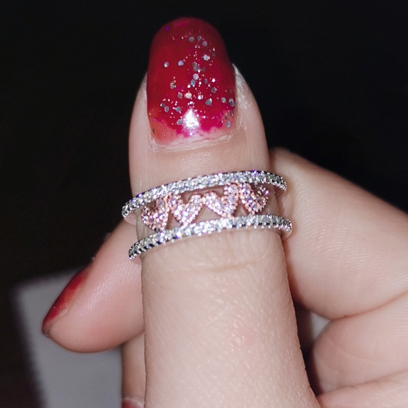 新925银18K玫瑰金彩金双层爱心高碳钻石戒指女小众冷淡ins风饰品