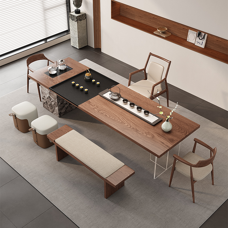 侘寂风实木茶桌长方形简约现代办公室家用客厅茶几带储物设计师款
