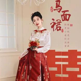 汉服出租新款 女伴娘租赁 原创刺绣印花马面裙云肩敬酒订婚服新中式