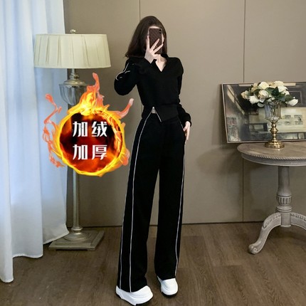 时尚高级感加绒加厚卫衣套装女2024秋冬新款运动卫裤休闲两件套潮