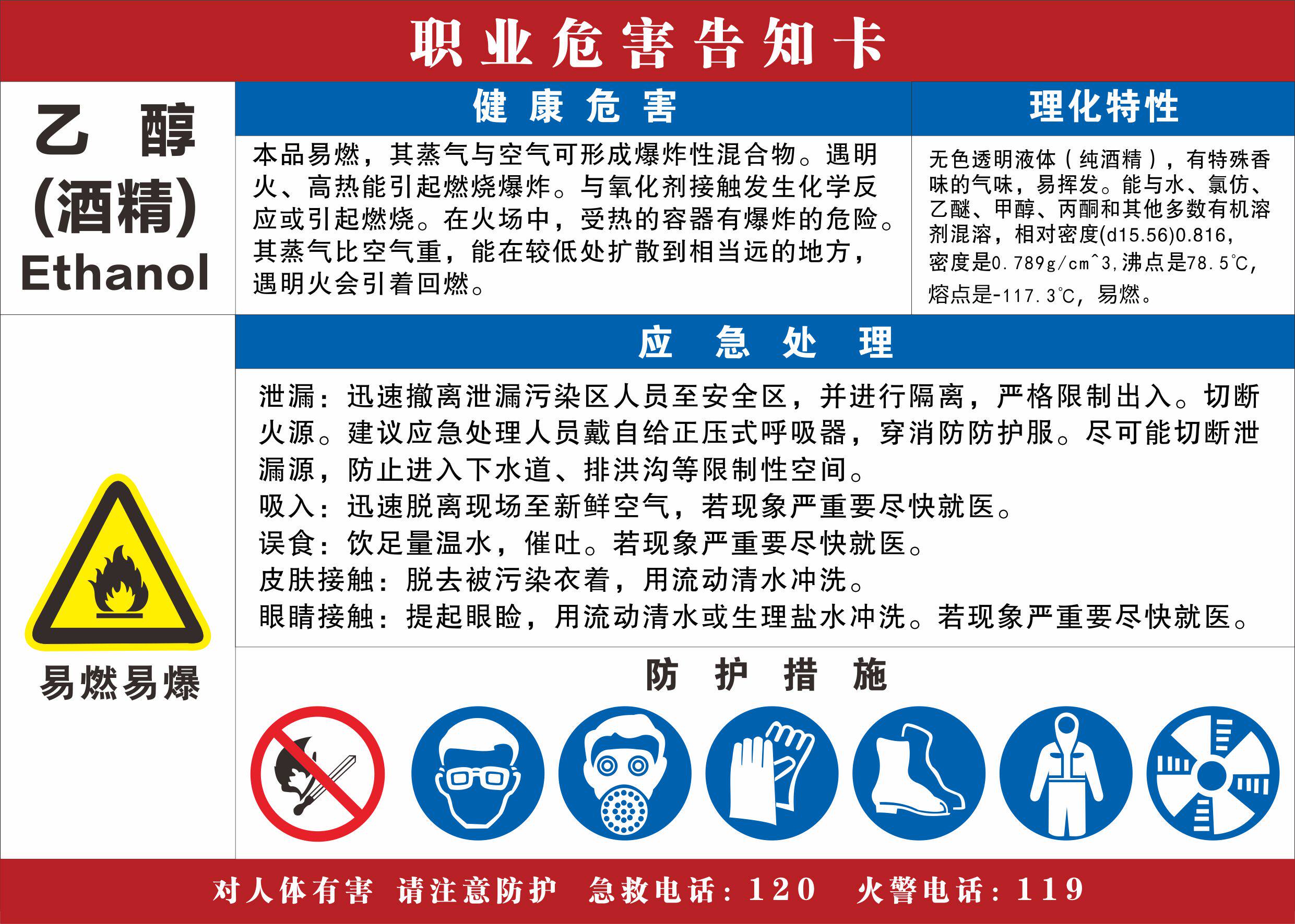 酒精职业病危害告知卡 化学品标志牌 危险品提示牌 安全警示牌