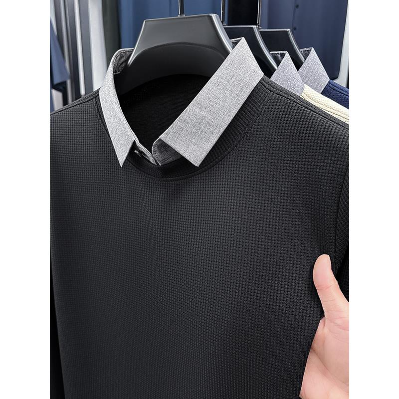 新款秋季潮流宽松打底衫翻领POLO衫假两件衬衫领长袖t恤男士卫衣