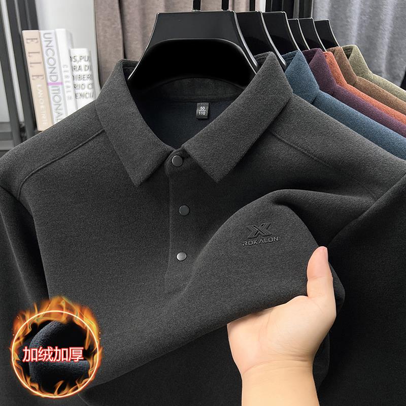 新款加绒加厚长袖t恤男士冬季中年保暖翻领德绒POLO衫纯色打底衫