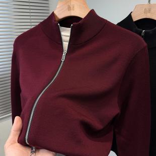 100精纺绵羊毛开衫男款商务休闲中年半高领毛衣外套男装纯色立领