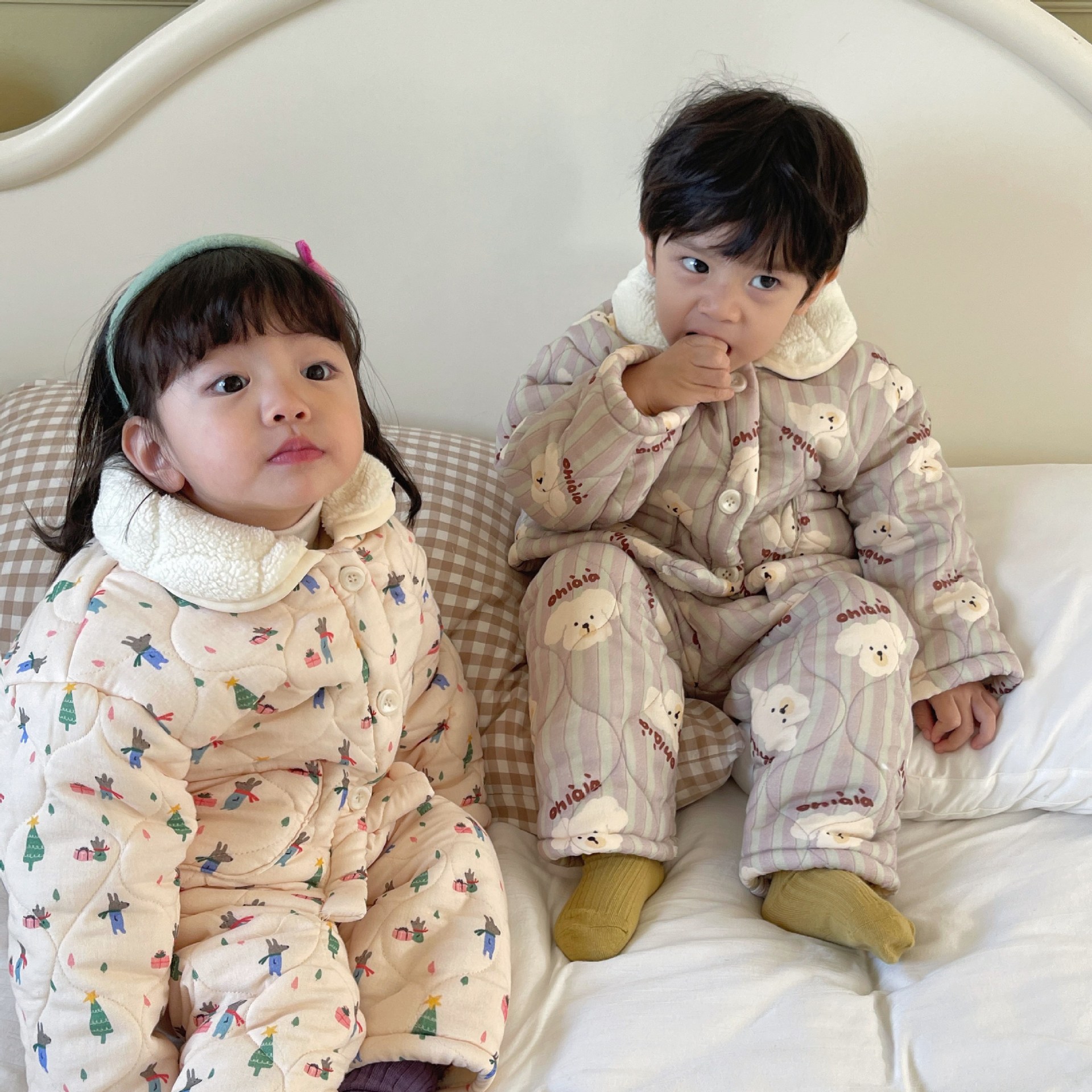 儿童家居服三层加绒加厚睡衣套装男女宝宝卡通动物保暖两件套棉服