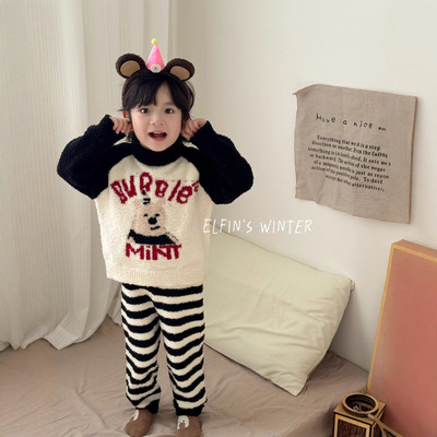 男童半边绒睡衣秋冬珊瑚绒儿童家居服套装韩版宝宝可外穿加厚衣服