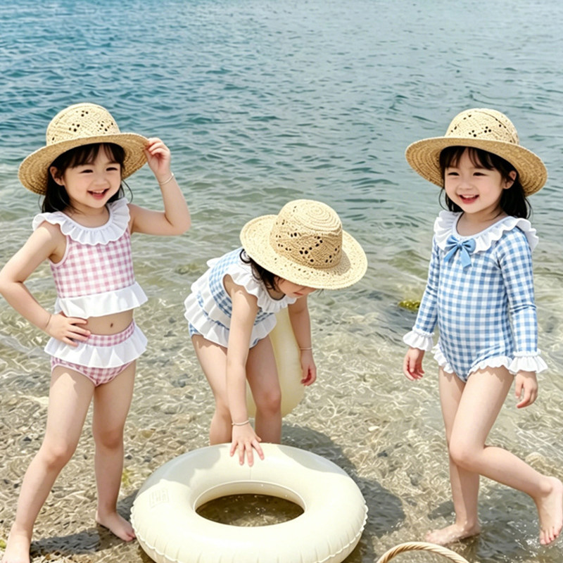 绝美女童长袖泳衣幼儿童格子防晒游泳衣韩版2岁宝宝海边度假泳装