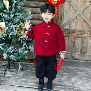男童红色呢子棉服唐装冬季儿童中式夹棉过年服套装男孩宝宝拜年服