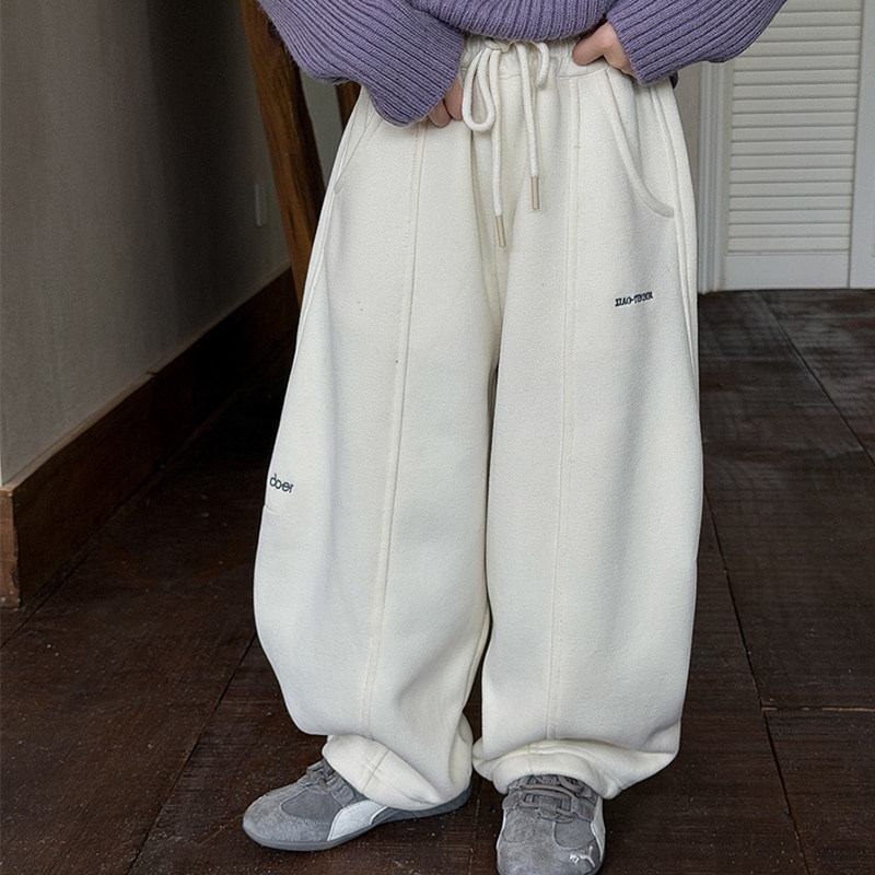 女童加绒卫裤秋冬儿童一体绒米色运动裤子韩版女孩宝宝加厚休闲裤