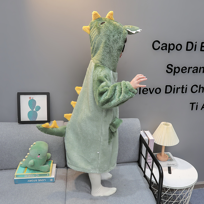 女童绿色家居袍秋冬加厚儿童连帽恐龙可穿式浴袍甜美女孩宝宝睡衣