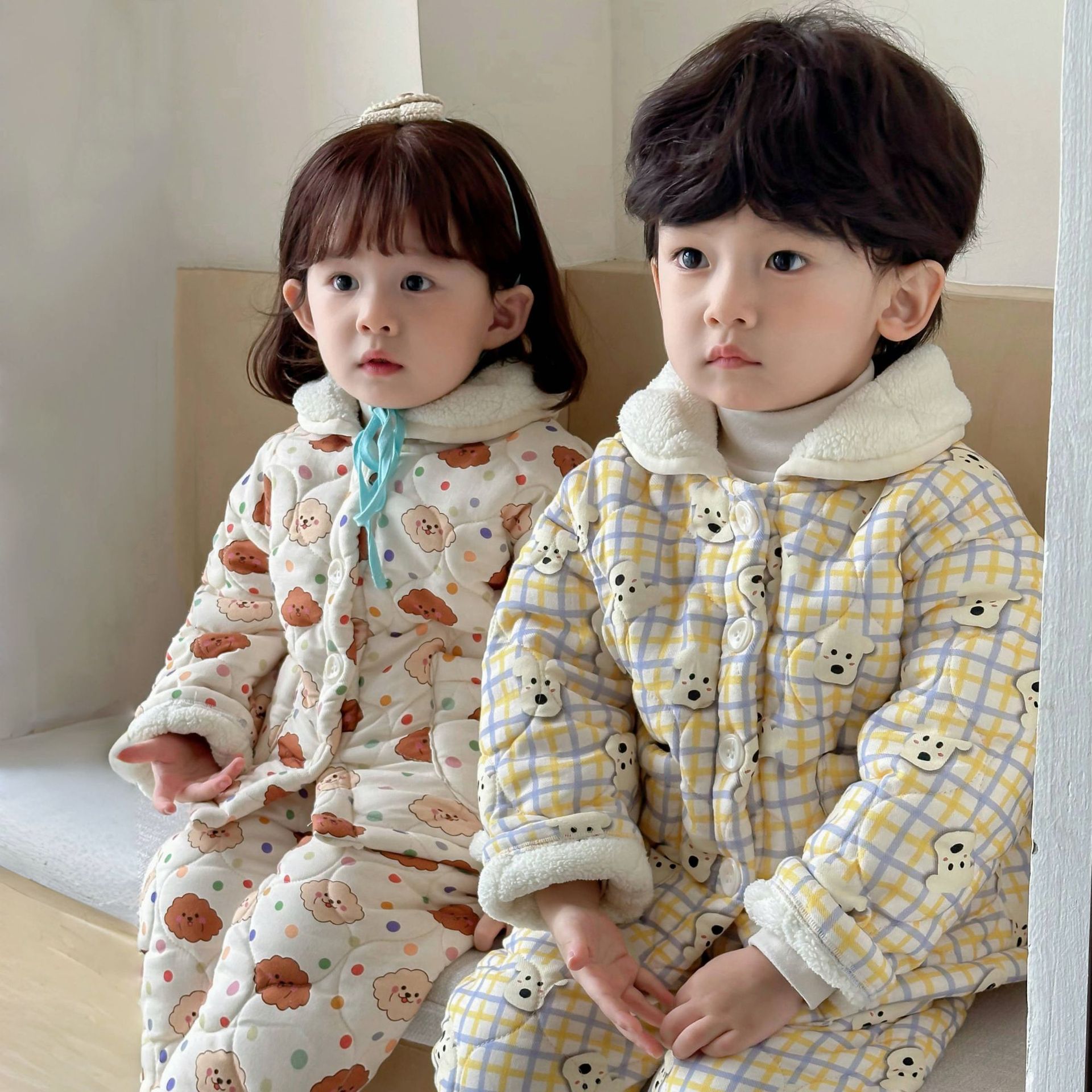 三层夹棉加厚儿童睡衣冬款男女童加绒家居服韩版宝宝卡通保暖棉服