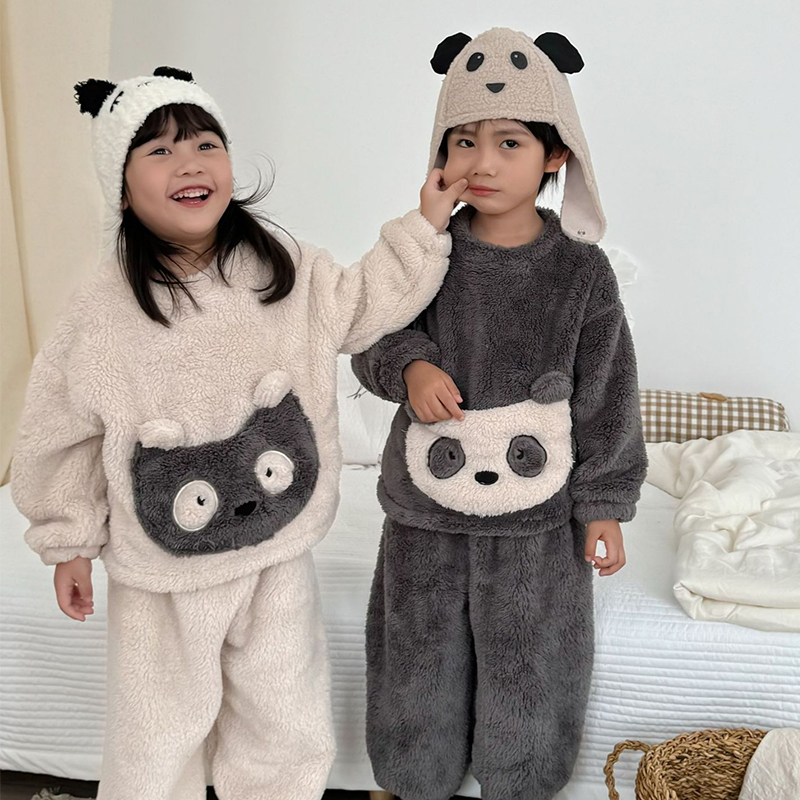 儿童睡衣秋冬季新款男女童小熊双面法兰绒家居服韩国宝宝保暖棉服
