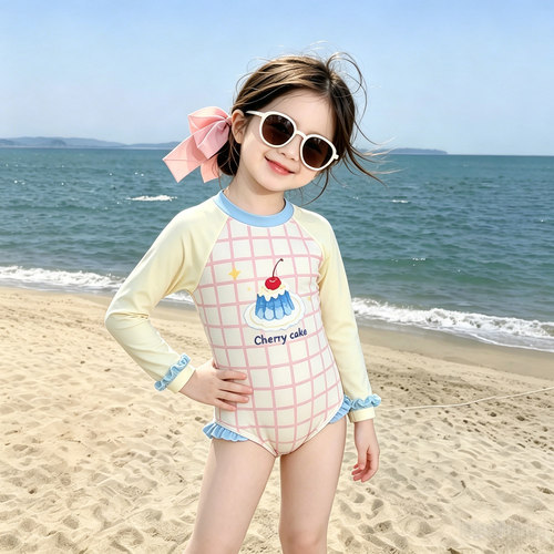 绝美女童连体泳衣长袖儿童格子防晒游泳衣女孩宝宝海边度假泳装夏