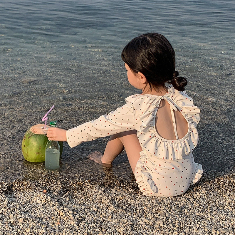 绝美女童连体泳衣儿童长袖波点泳装韩国女宝宝公主风度假游泳衣服