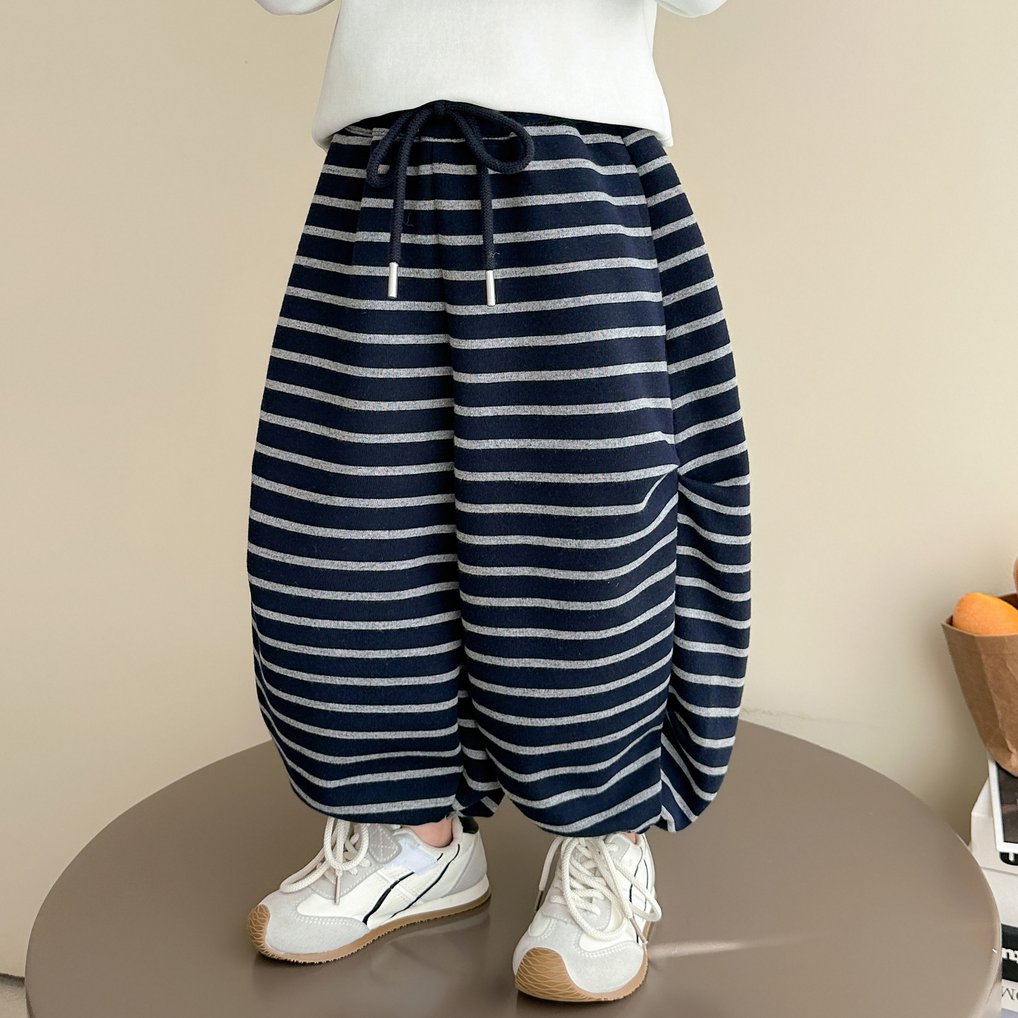 女童加绒裤子秋冬新款儿童加厚条纹灯笼裤韩版女孩宝宝冬装哈伦裤