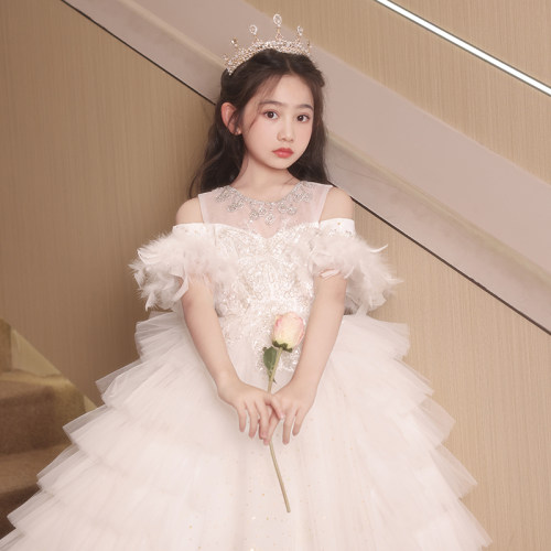 白色网纱羽毛女童花童公主裙礼服