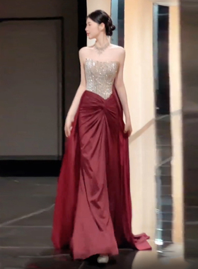 抹胸敬酒服新娘订婚年会宴会主持人晚礼服裙女红色修身鱼尾高级感