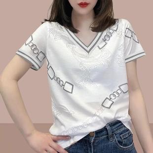 纯棉短袖 洋气百搭休闲宽松印花V领上衣服 t恤女2025欧洲站夏季 新款