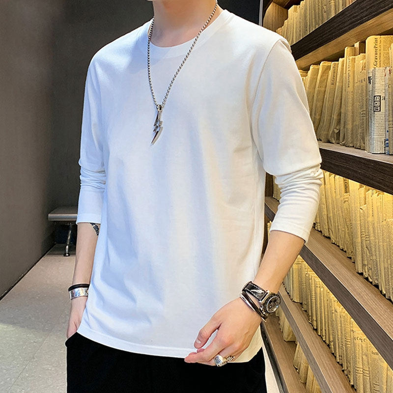 男士长袖t恤款春秋款纯白打底衫宽松纯色t恤衫圆领休闲上衣白色
