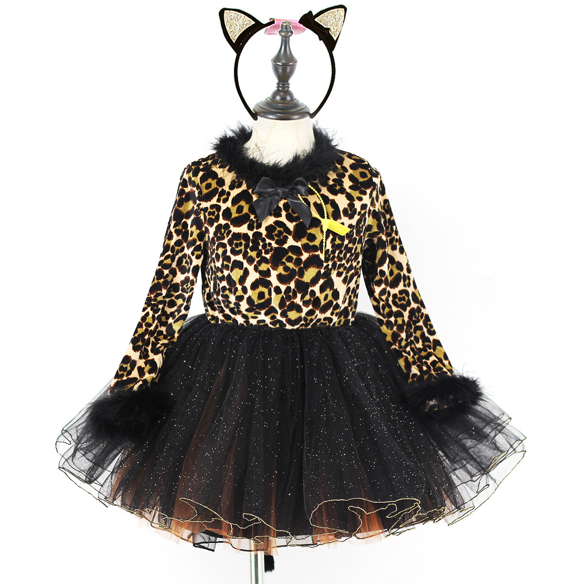 万圣节儿童女孩豹纹猫咪仙子精灵耳朵尾巴蓬蓬短裙表演服派对包邮