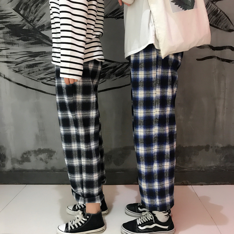 韩版ulzzang秋季新款原宿BF风宽松格子九分裤复古男女学生阔腿裤