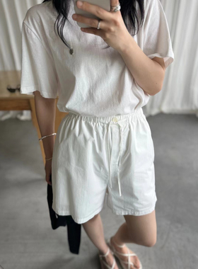 Mohhe 韩国面料白色休闲百搭松紧腰抽绳短裤 有内衬