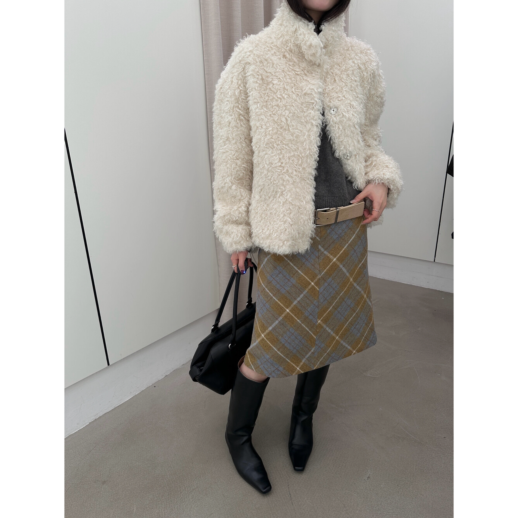 vibrant 法式复古菱格高腰A字裙毛呢半身裙