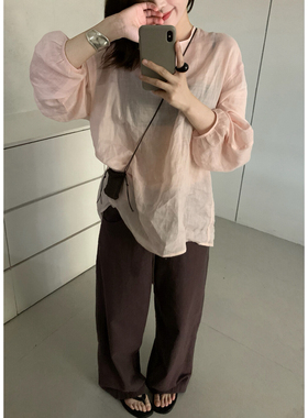 ERNI ABLE 圆领绑带洋气显瘦系带苎麻防晒长袖小衫
