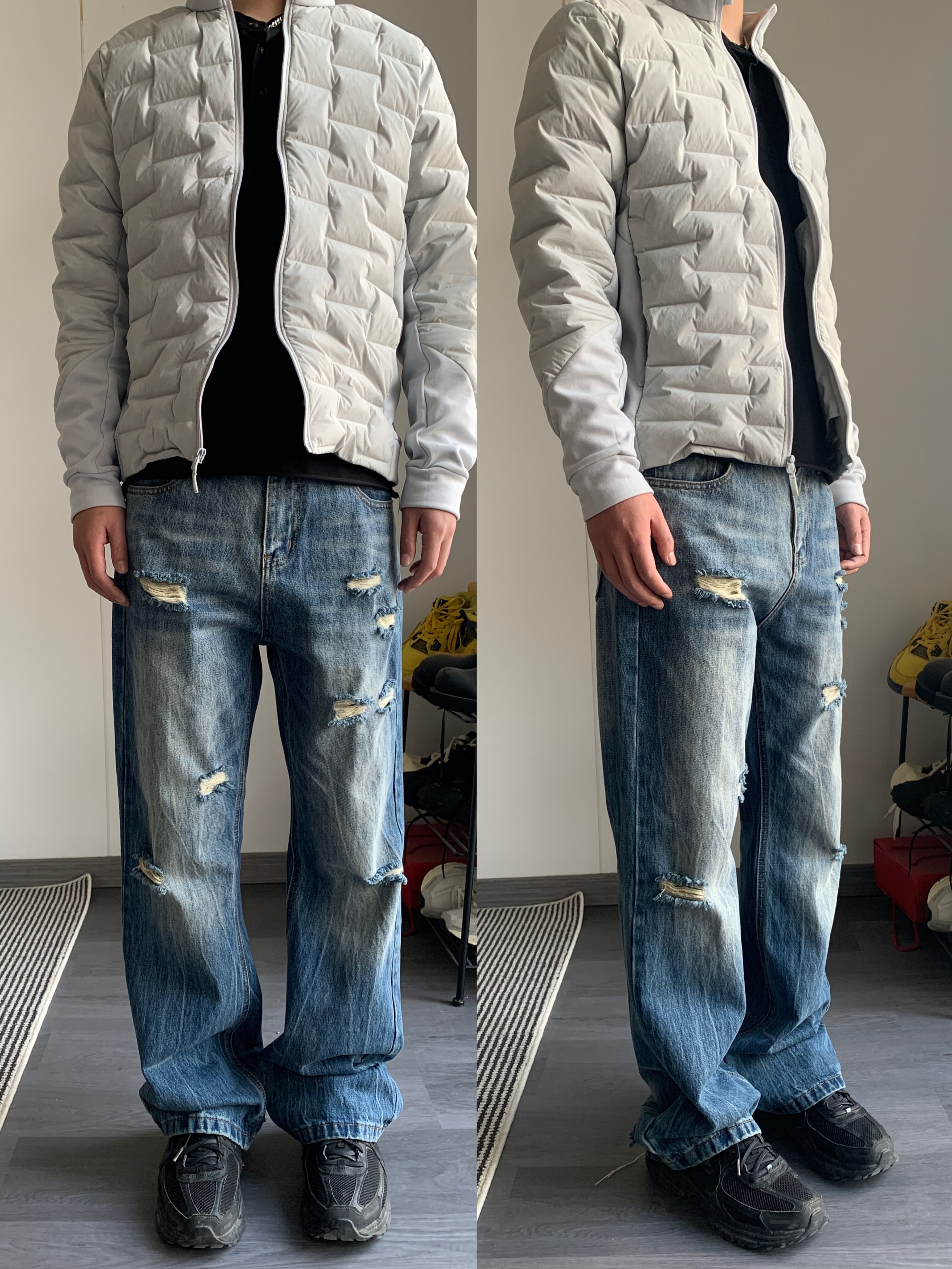 CAGT 春秋个性设计破洞水洗闪电条纹牛仔裤直筒微喇潮百搭休闲男