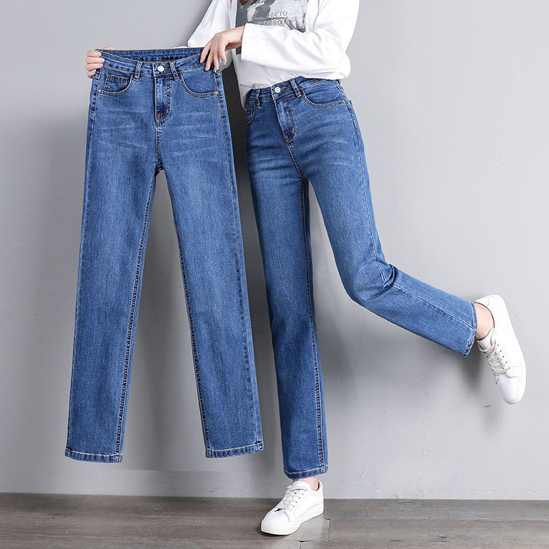 烟管裤女高腰梨型身材直筒牛仔裤