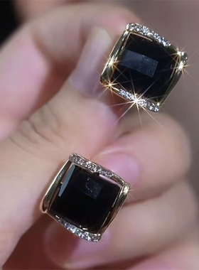 设计感黑色四方来财耳钉百搭时尚菱形耳环2025新款潮高级感耳饰女